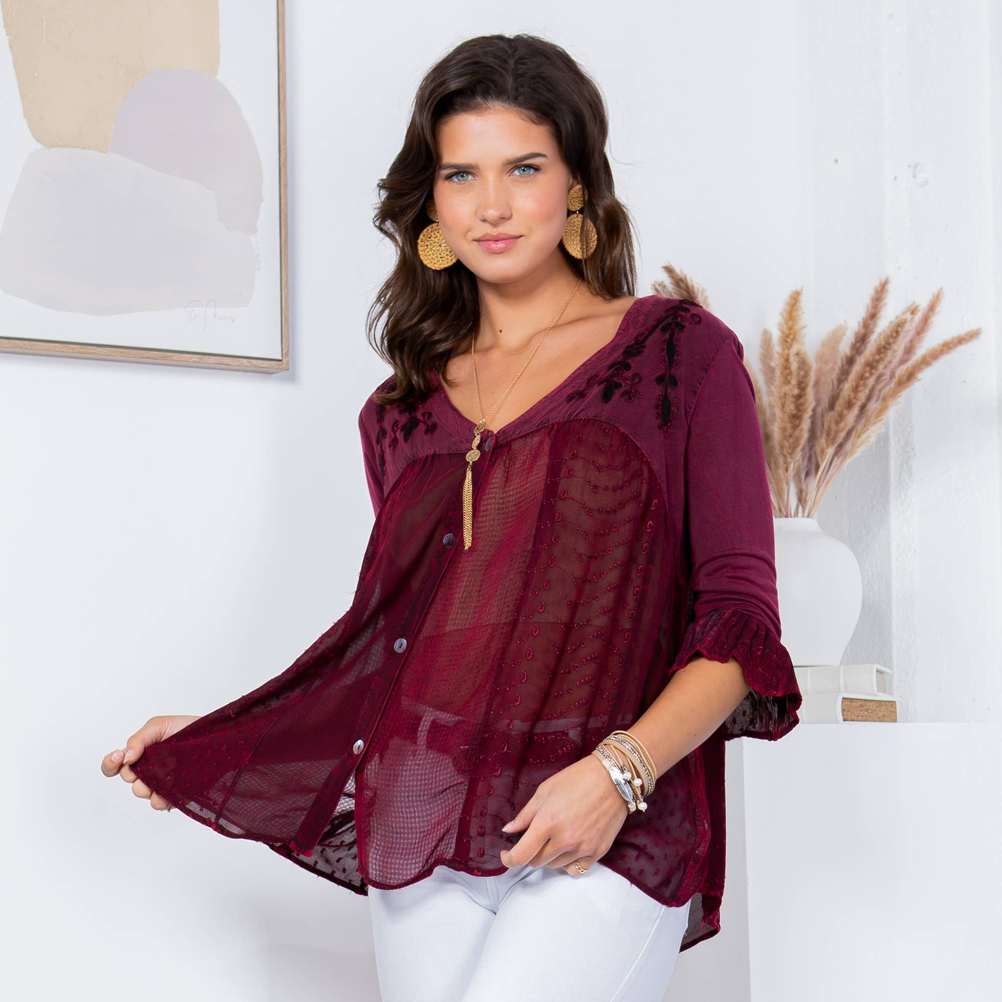 Young Threads - Venta al por mayor Blusa - Mujer - Blusa bohemia adornada estilo western (Color nuevo)23