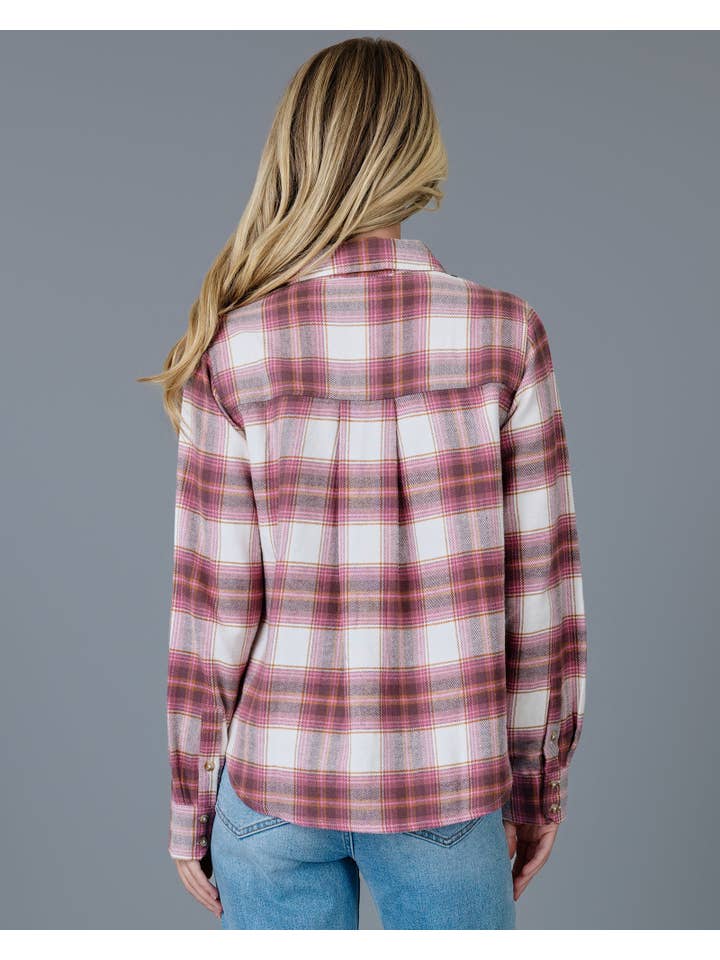 Berry Combo Madison Pink Plaid Long Sleeve Button DownShirt for wholesale on Faire