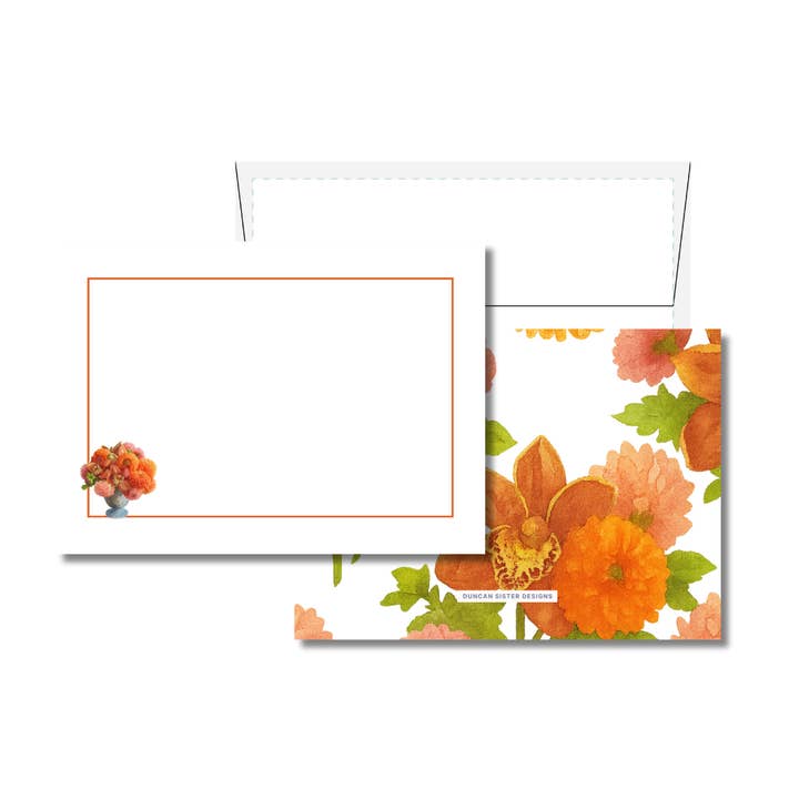 Ljusa orange blommiga kort – Set om 8, tillverkade i USA för wholesale av Duncan Sister Designs