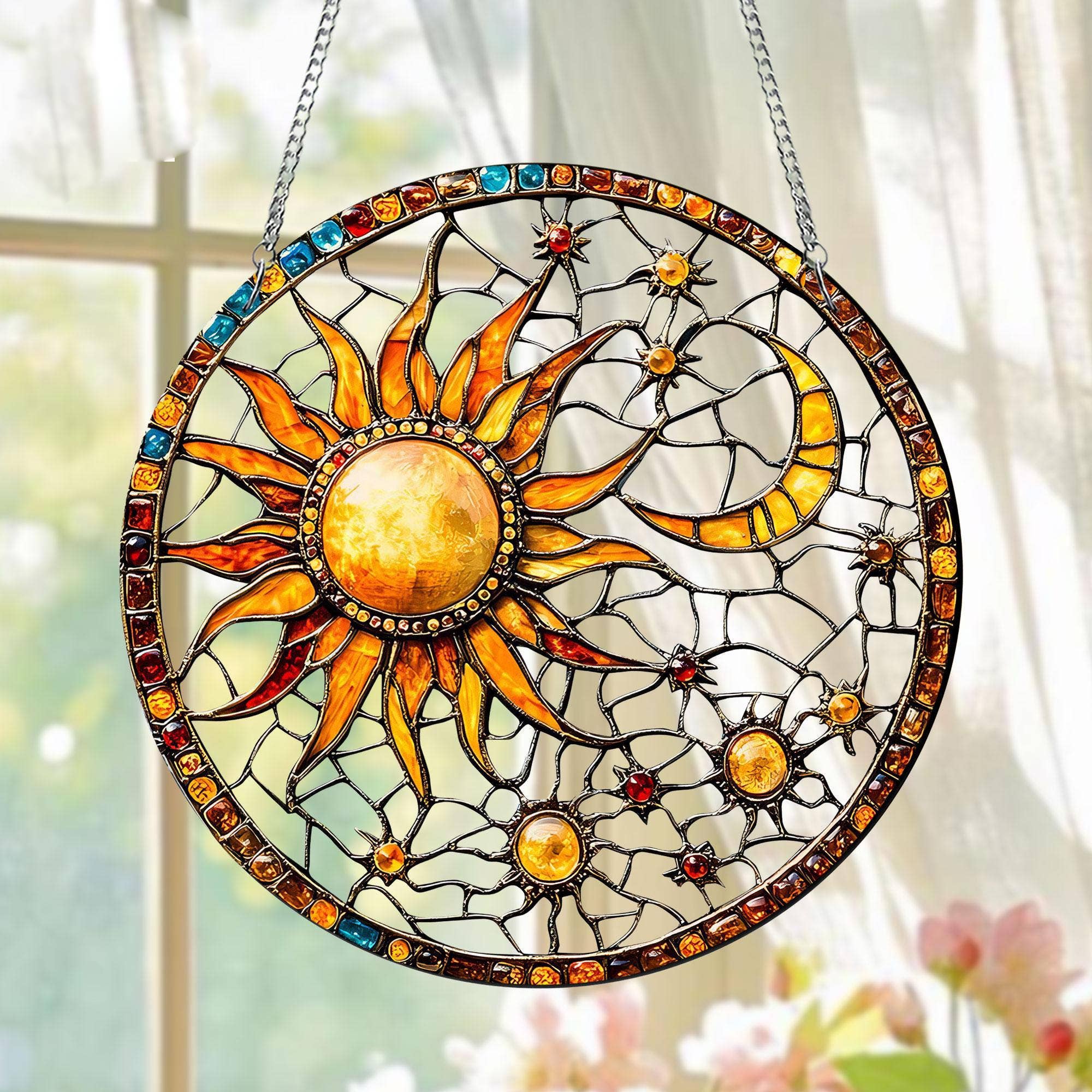 NVC Ecommerce LLC - Wholesale Zonnevanger - Hemelse Zon en Maan Glas-in-lood Zonvanger, Zon Decor