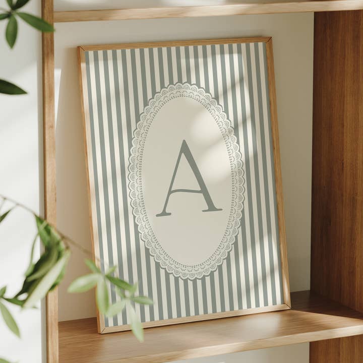 Green Stripe Initial Wall Art | Letter 'A' Monogram Print for wholesale by Paperly Creative Co