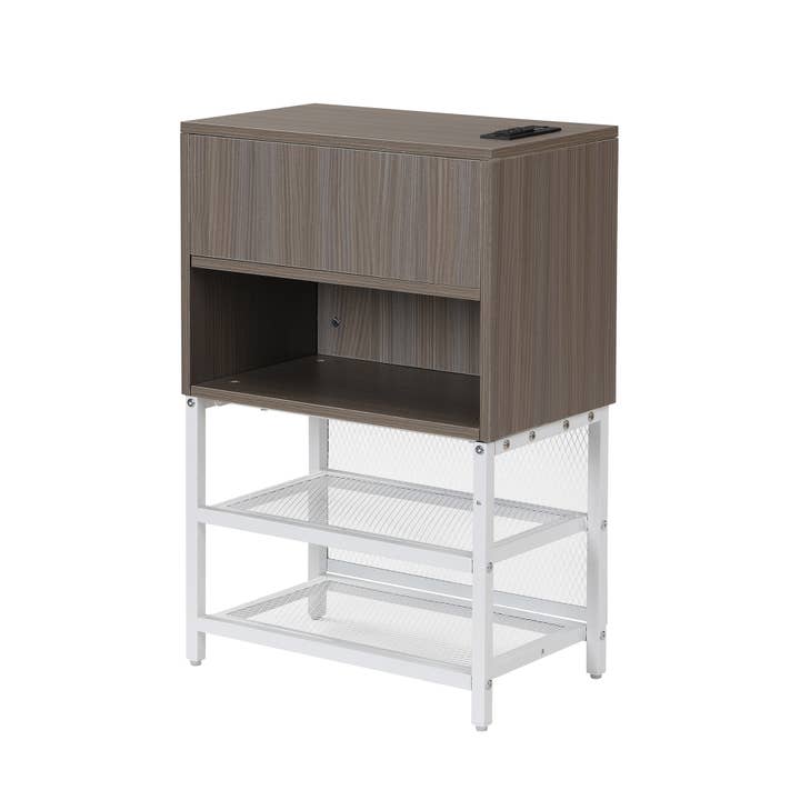 White Twin Metal Platform Bed with Storage Shelves & Cabinet for wholesale on Faire9