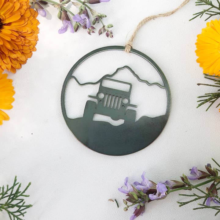 4x4 Mountain Off Road Adventure Raw Steel Metal Ornament for wholesale by BE Creations & Designs, Inc.