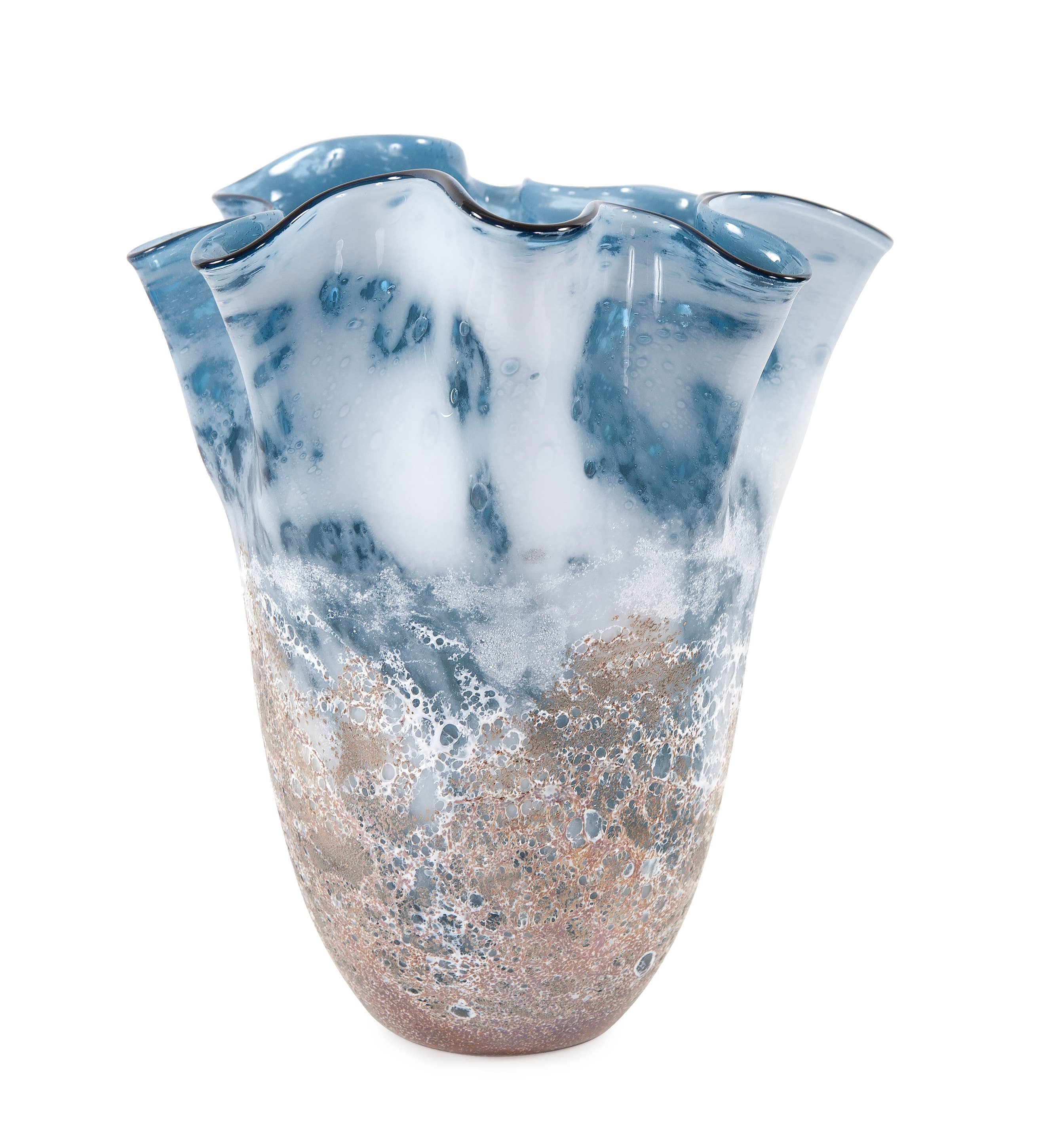 Howard Elliott on Faire - Wholesale Vase - Baltic Blue Ruffled Glass Vase, Small