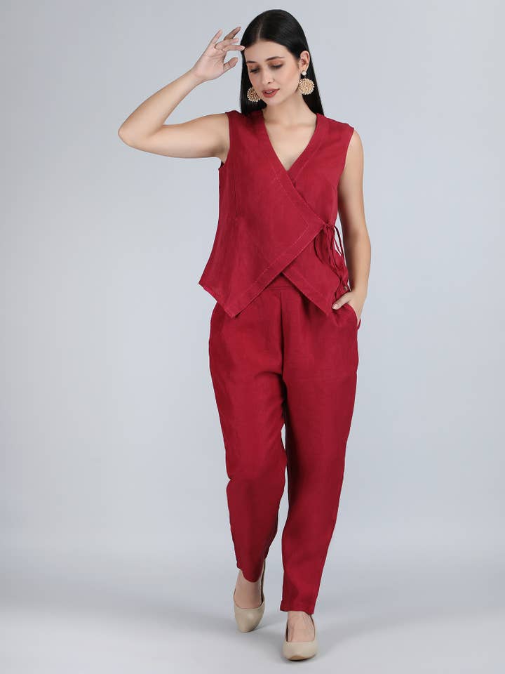 Dames Bordeauxrood Zuiver Linnen Handgeborduurd Co-ord voor wholesale door 1401 The Label