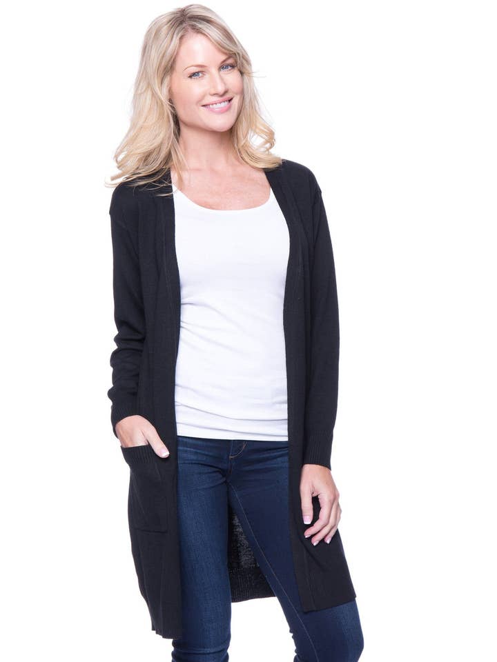 Wool Blend Long Open Cardigan - Black for wholesale by Tocco Reale
