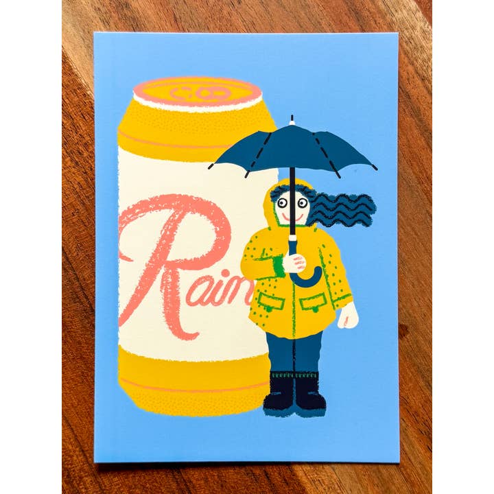 Wug Prints - Wholesale Postcard - Rainy Day Rainier Beer and Girl with Umbrella Postcard