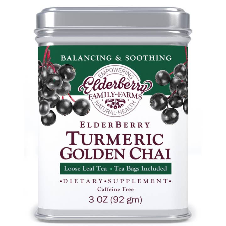 Boîte de thé chai doré au sureau et curcuma pour la vente par Elderberry Family Farms