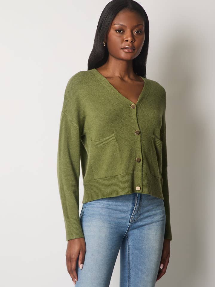 V-Neck Buttoned Cardigan with Pockets - Khaki for wholesale by SOLO