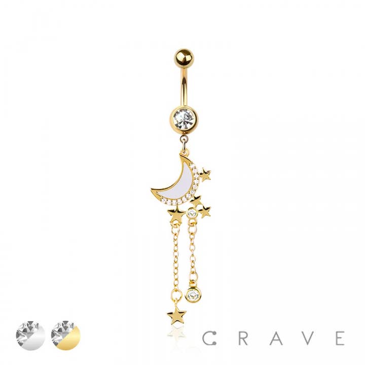 316L SURGICAL STEEL OPAL MOON MULTI CZ CHAIN STAR DANGLE BEL for wholesale by CRAVE BODY JEWELRY