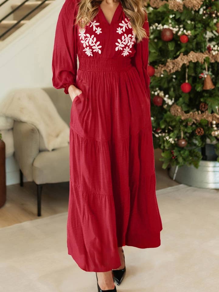 LDC Embroidered Waist Tiered Long Sleeve Maxi Dress for wholesale by Little Daisy Closet