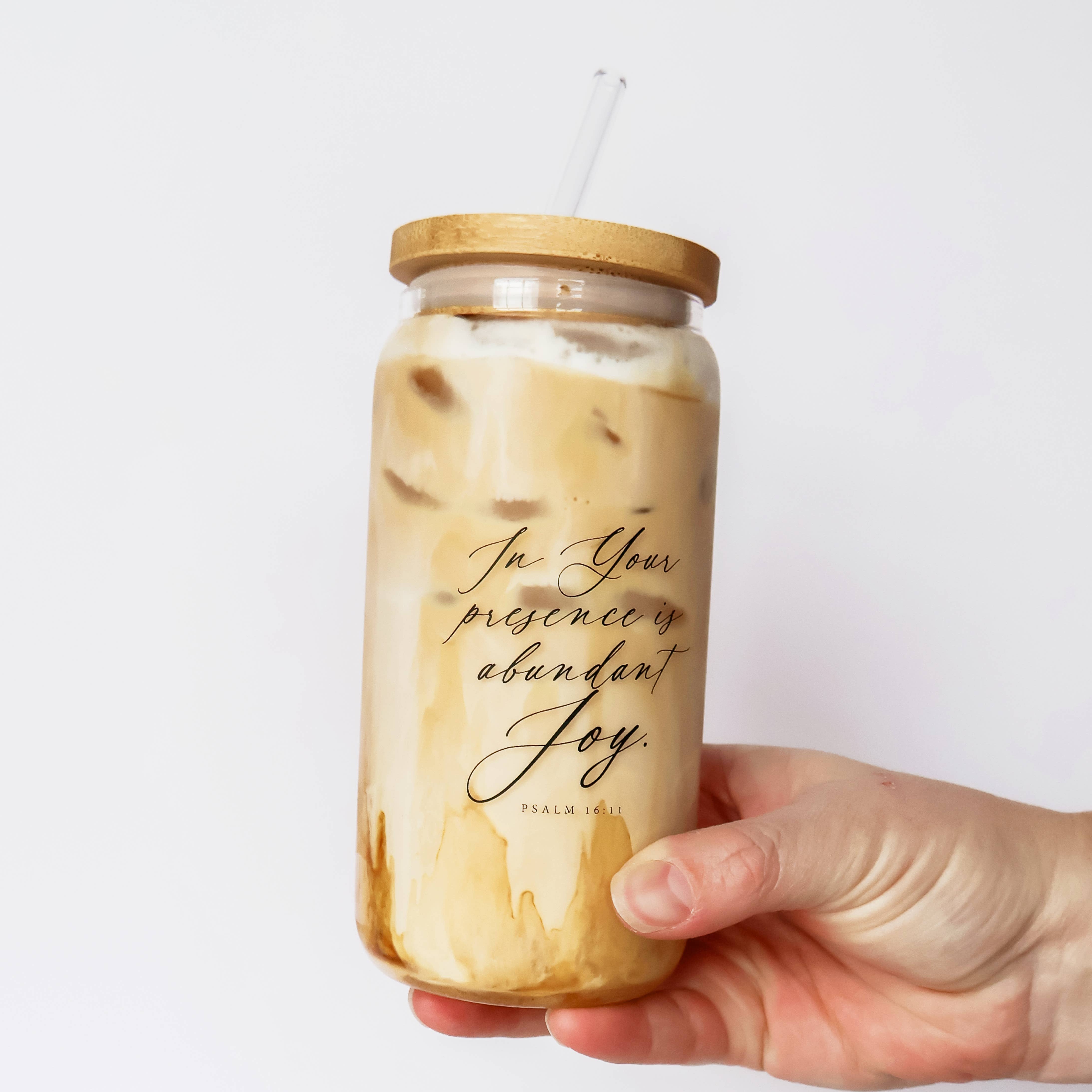 Grace and Joy Company - Wholesale Drinking Glass/Cup - Abundant Joy Iced Coffee Glass Can + Bamboo Lid + Straw