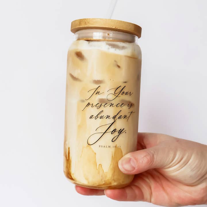 Abundant Joy Iced Coffee Glass Can + Bamboo Lid + Straw for wholesale by Grace and Joy Company