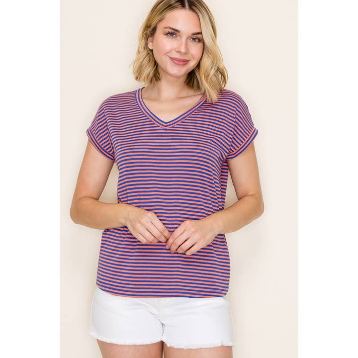 V NECK SHORT SLEEVE STRIPED TOP for wholesale by STACCATO