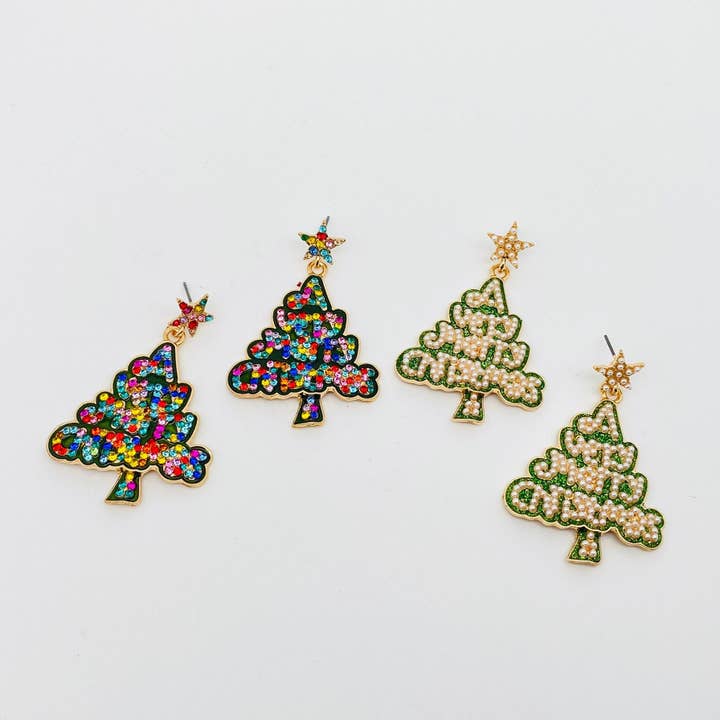 Mio Queena - Wholesale Dangle Earrings - Christmas Tree "Merry Christmas" Rhinestone Pearl Earrings2