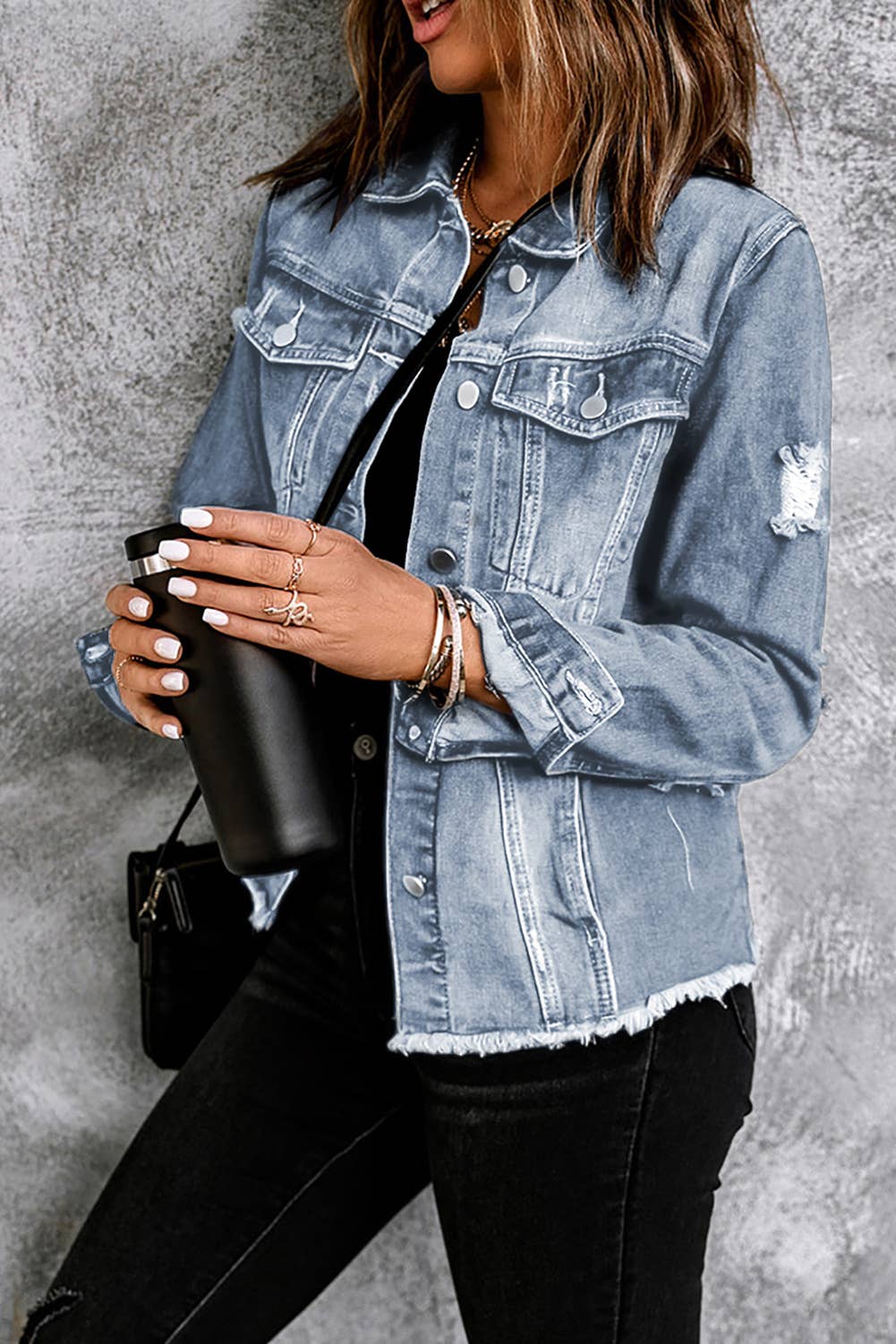 1 the Woman - Wholesale Denim Jacket - Women's - Lapel Distressed Raw Hem Buttons Denim Jacket4