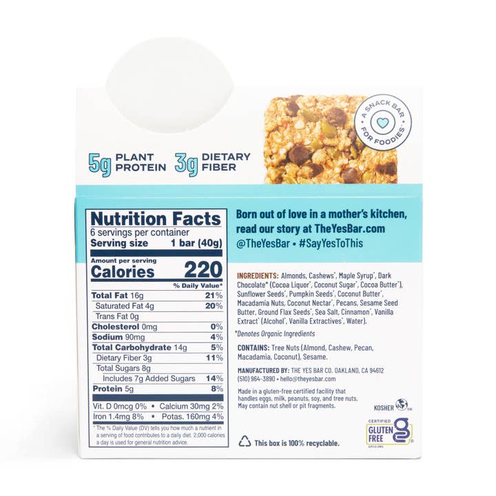 YES Bar® - Low Sugar Snack Bars - Wholesale Snack Bar - Dark Chocolate Chip - Premium Real Food Snack Bar9