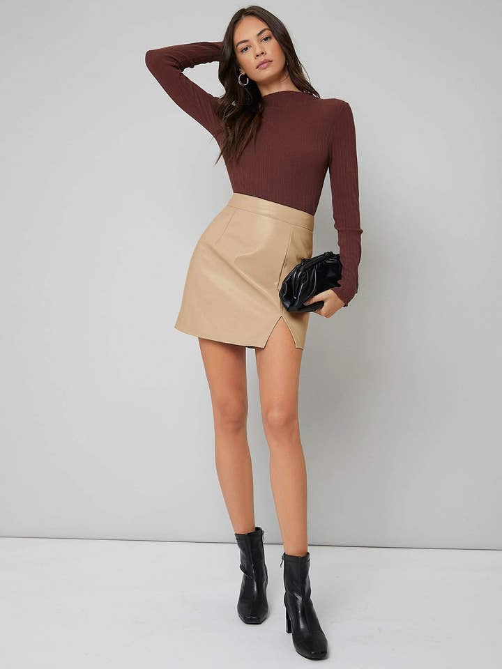 Fashion Combination - Vendita all'ingrosso Gonna - Donna - gonna dritta in pelle pu con orlo diviso posteriore con zip1