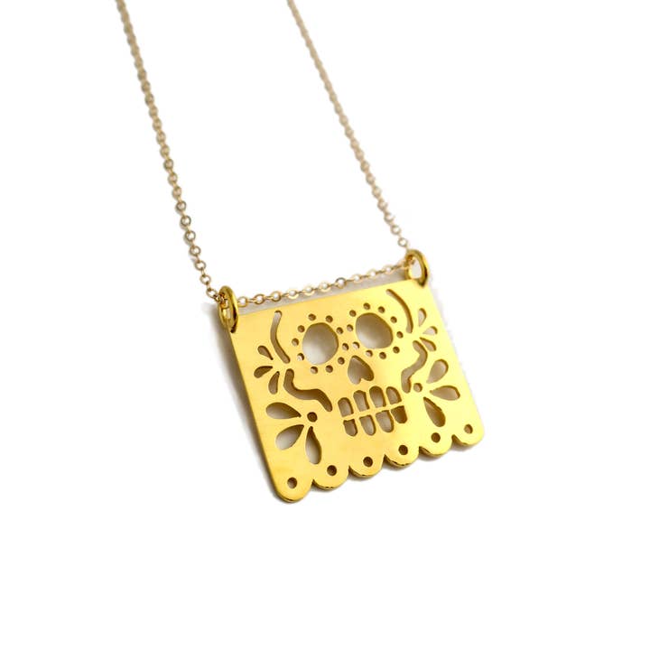 Papel Picado Sugar Skull Necklace, 18" Calavera for wholesale by Kalai Jewelry