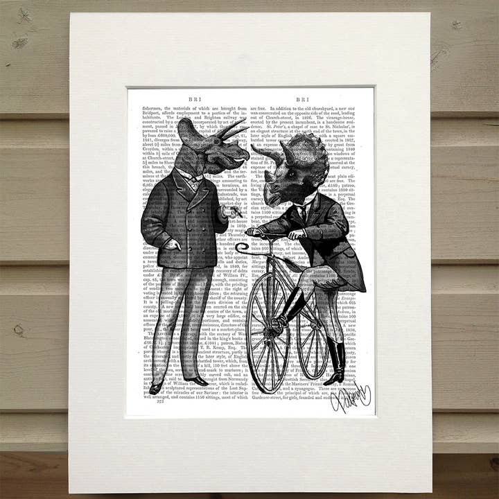 FabFunky Ltd - Wholesale Art Print - Triceratops Men and Bike, Dinosaur Book Page