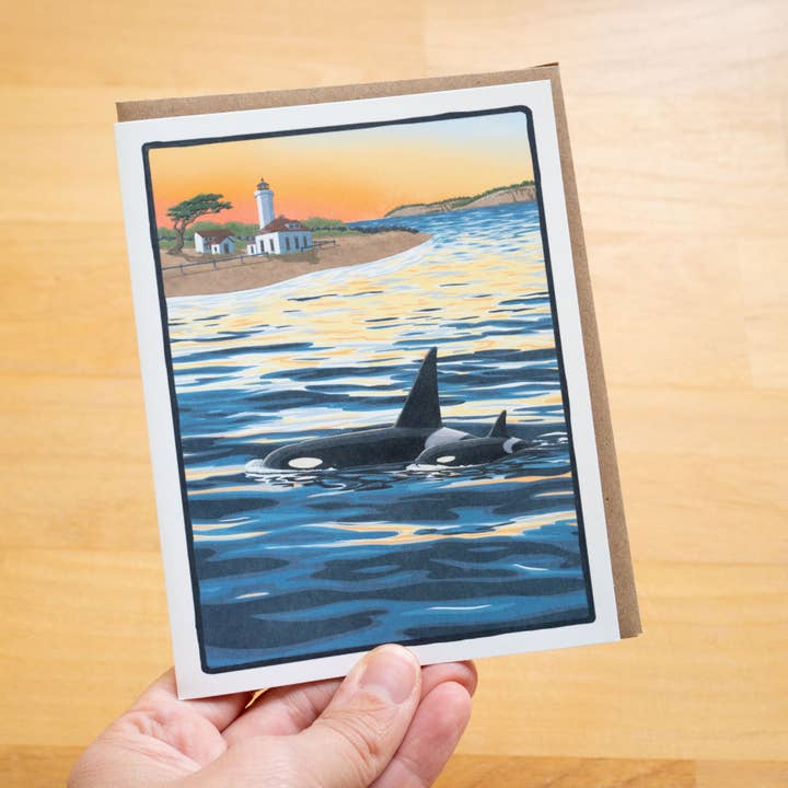 Salish Sea Orcas Greeting Card 100% Recycled Paper for wholesale by Laurel Mundy Illustration
