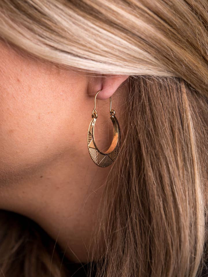 (SALE) Burnished Gold Sun Stamped Hoop Earring for wholesale by West & Co.