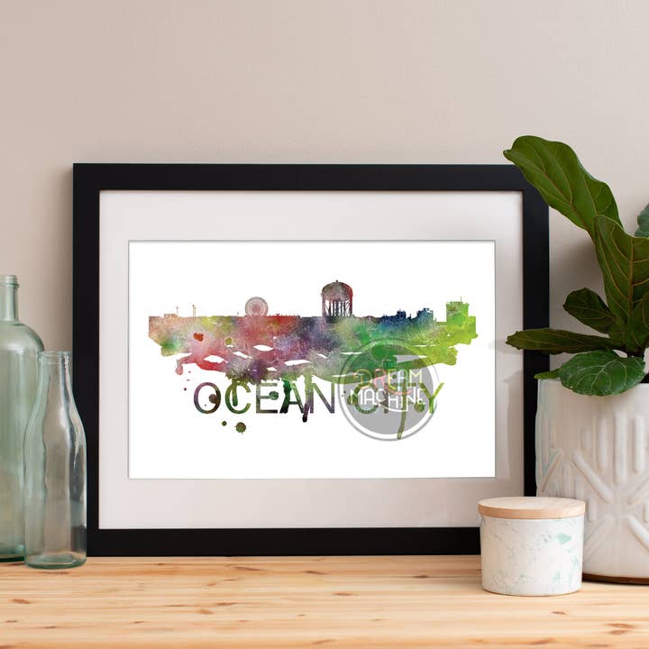 Skyline aquarelle Ocean City, horizon de la ville océanique, art de la ville océanique, affiche de la ville océanique, impression de la ville océanique, art de la ville océanique, carte de la ville océanique pour la vente par DreamMachine Prints