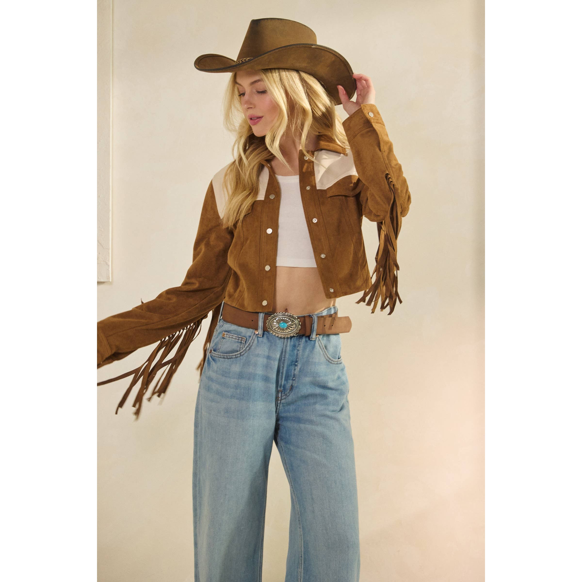Camel Suede Jacket with Fringe Detail for wholesale on Faire4