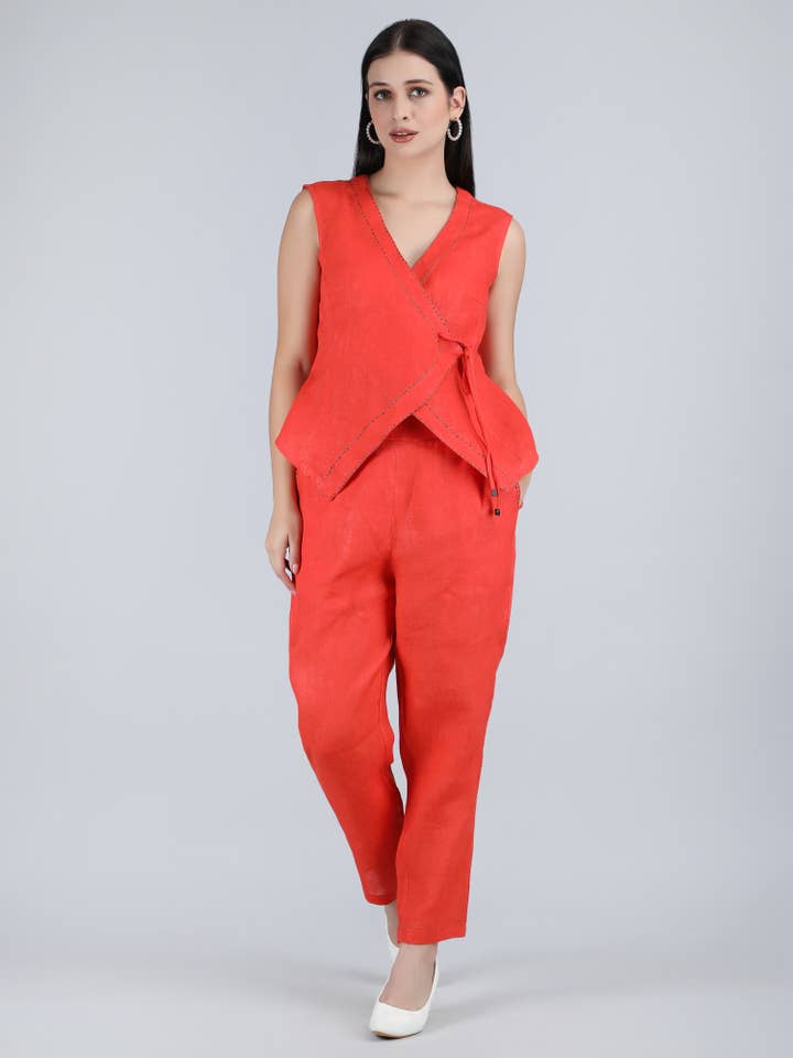 Women Orange Pure Linen Hand Embroidered Co ord for wholesale by 1401 The Label