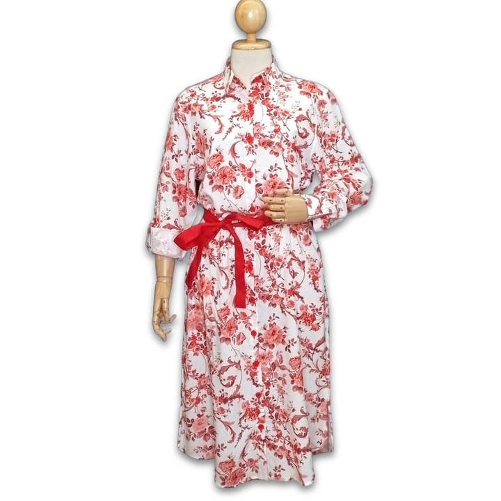 Grenouille White & Red Rose Print Calf Length Shirt Dress for wholesale by Salamander Shirts Ltd
