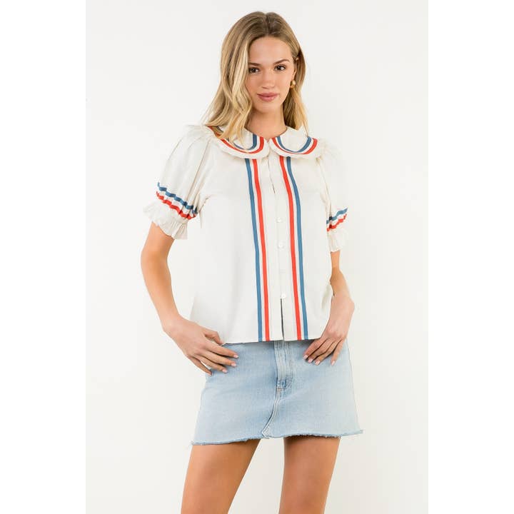 Striped Trim Puff Sleeve Button Top for wholesale by THML