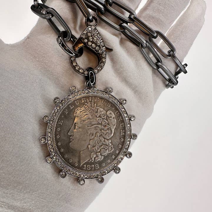 Gunmetal Oval Chain With Pave Clasp With American Coin for wholesale by Beauty In Stone Jewelry