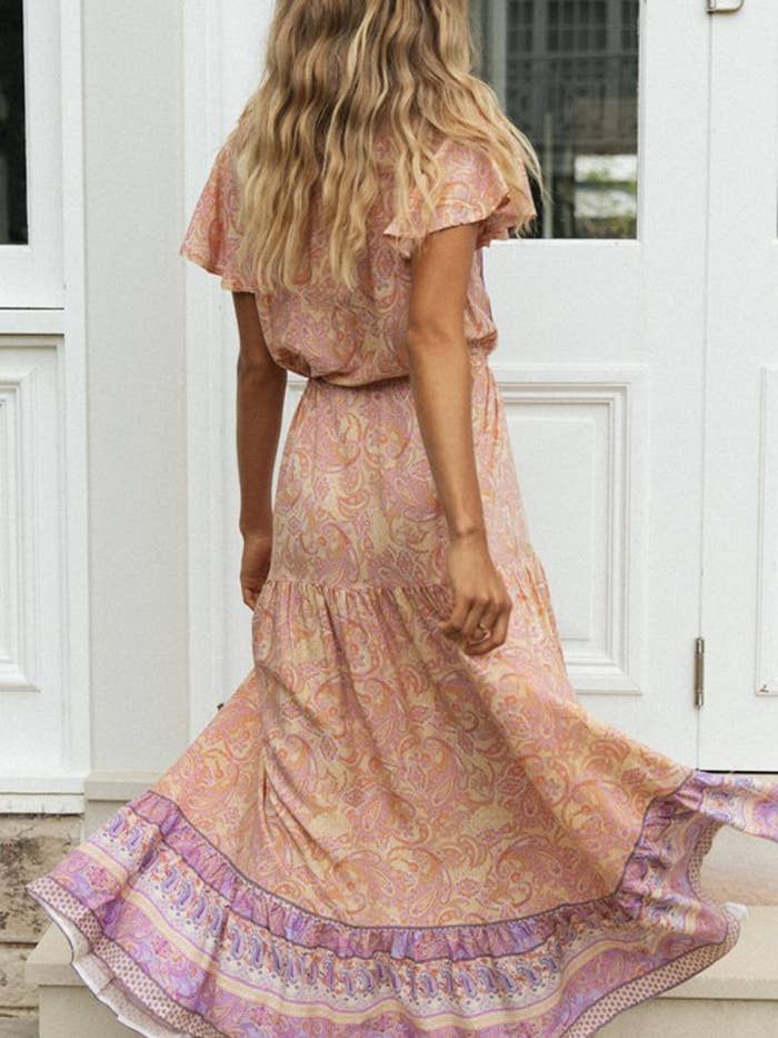 Rosa Clothing - Wholesale Dress - Women's - Bohemia Border Print Flutter Sleeve Maxi Dress11