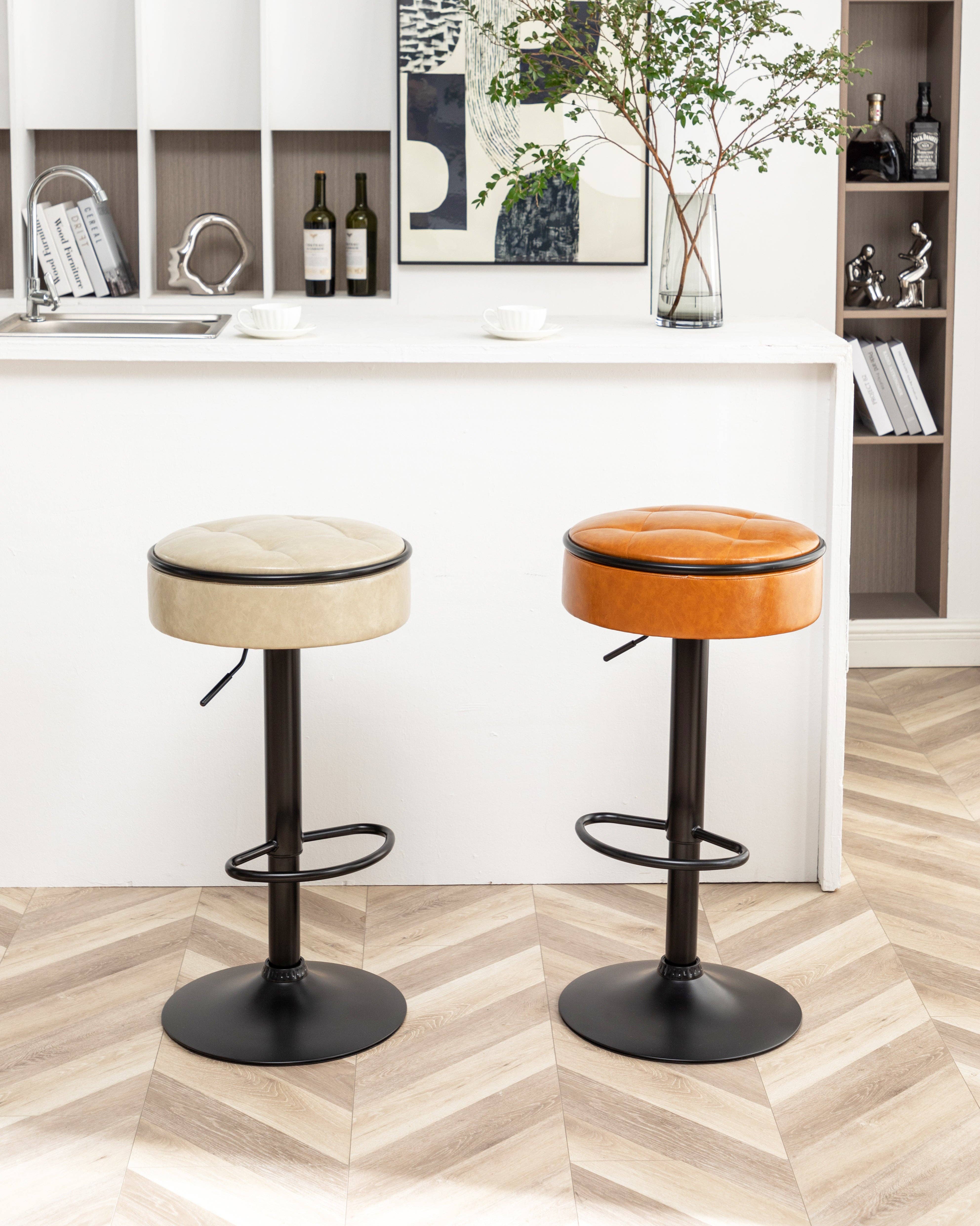 Orange County Decor - Wholesale Stool - Round Storage Bar Stool Set Of 2, Khaki Faux Leather Height Adjustable Barstool, 360 Counter Height Swivel Stool, Armless Bar Chair With Metal Frame For Kitchen Counter Dining Living Room Khaki Set13