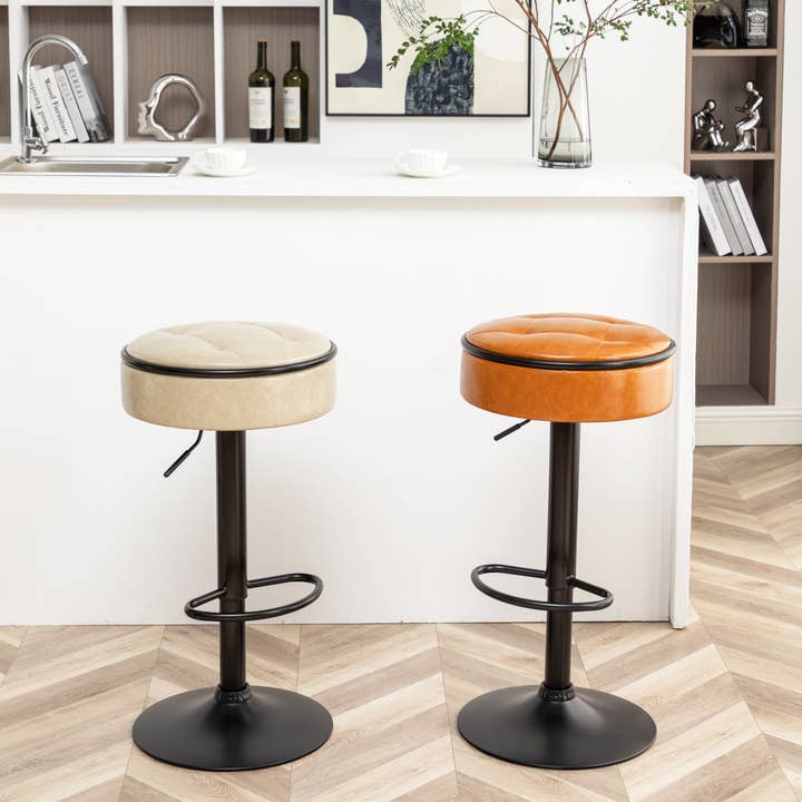 Orange County Decor - Wholesale Stool - Round Storage Bar Stool Set Of 2, Khaki Faux Leather Height Adjustable Barstool, 360 Counter Height Swivel Stool, Armless Bar Chair With Metal Frame For Kitchen Counter Dining Living Room Khaki Set13