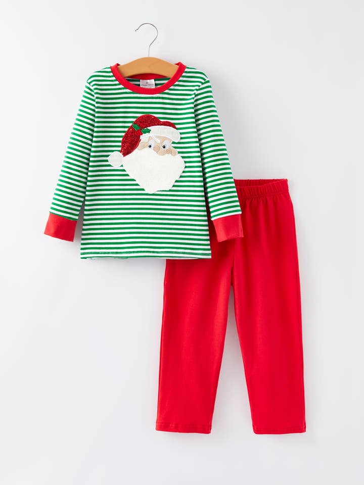 Rylee Faith Designs - Wholesale Top & Pant Set - Kids - Christmas Santa Applique Striped Boys Outfit Set