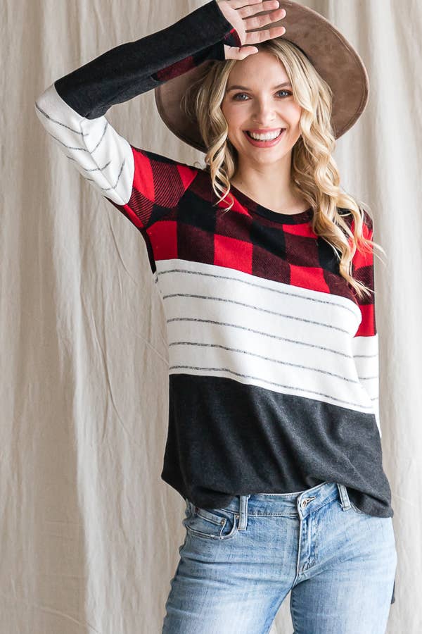 7th Ray - Wholesale Knit Top - Women's - Cozy Color Block Plaid Striped Thumbhole Pullover TopT4423-114