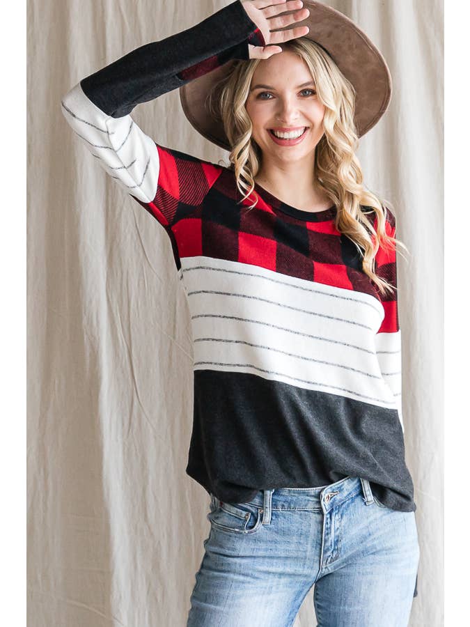 7th Ray - Wholesale Knit Top - Women's - Cozy Color Block Plaid Striped Thumbhole Pullover TopT4423-114