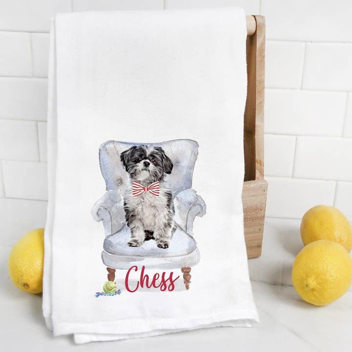 Torchons personnalisés avec portrait à l'aquarelle de Lhassa Apso pour la vente par The Preppy Pineapple Home