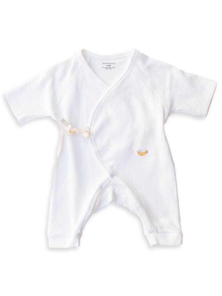 White Pointelle Baby Kimono Onesie for wholesale by Dodo Banana