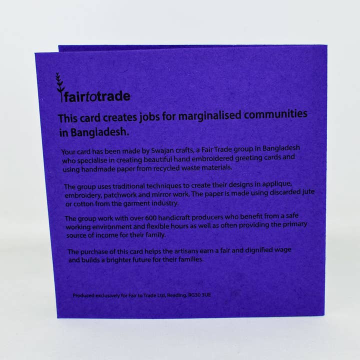Fair to Trade Ltd – wholesale Everyday greeting card – Hand Embroidered Greeting Card Fair Trade Purple Peacock2