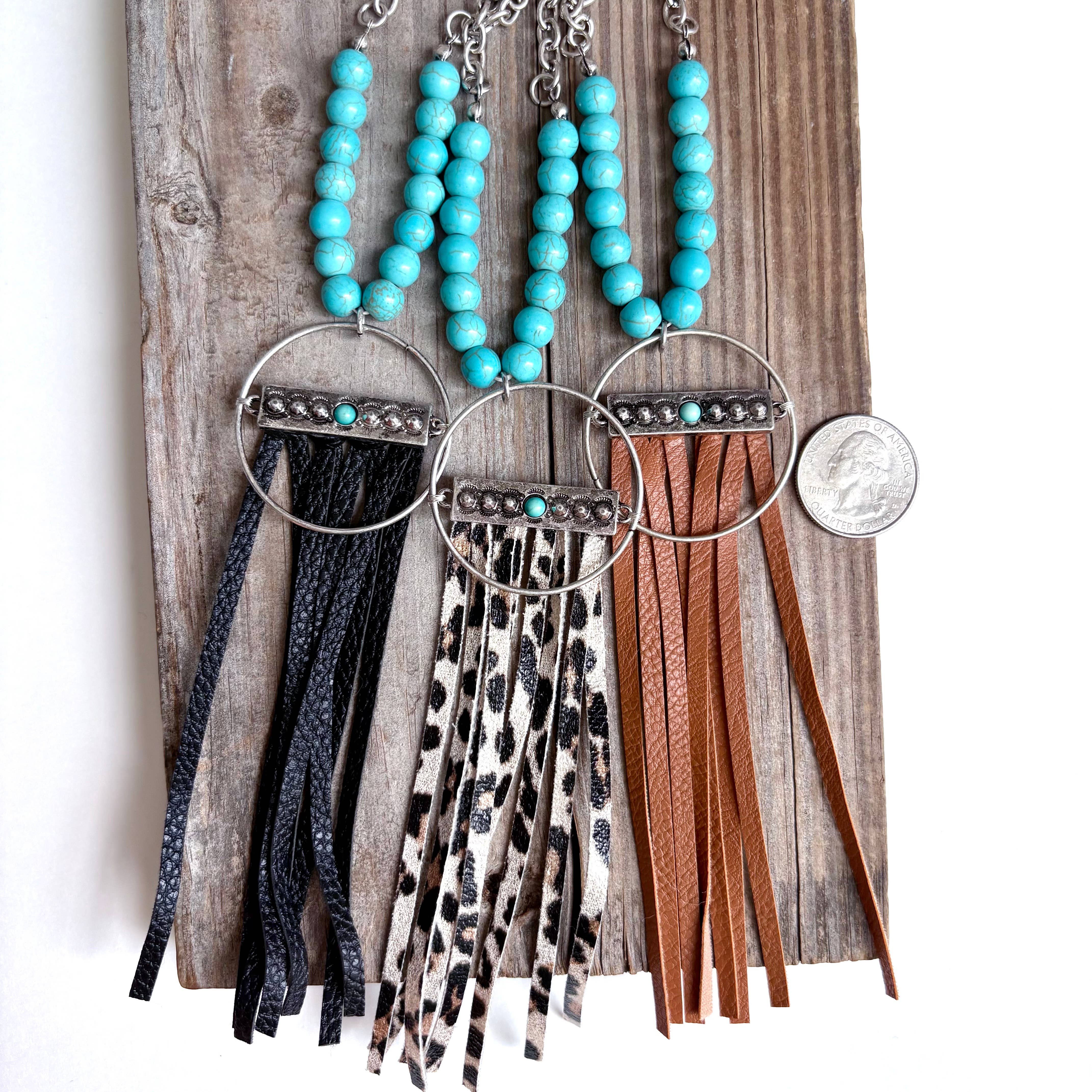 Boho Ranch Shop - Wholesale Pendant/Charm Necklace - Western Boho Leather Tassel Pendant and Stone Long Necklace 2