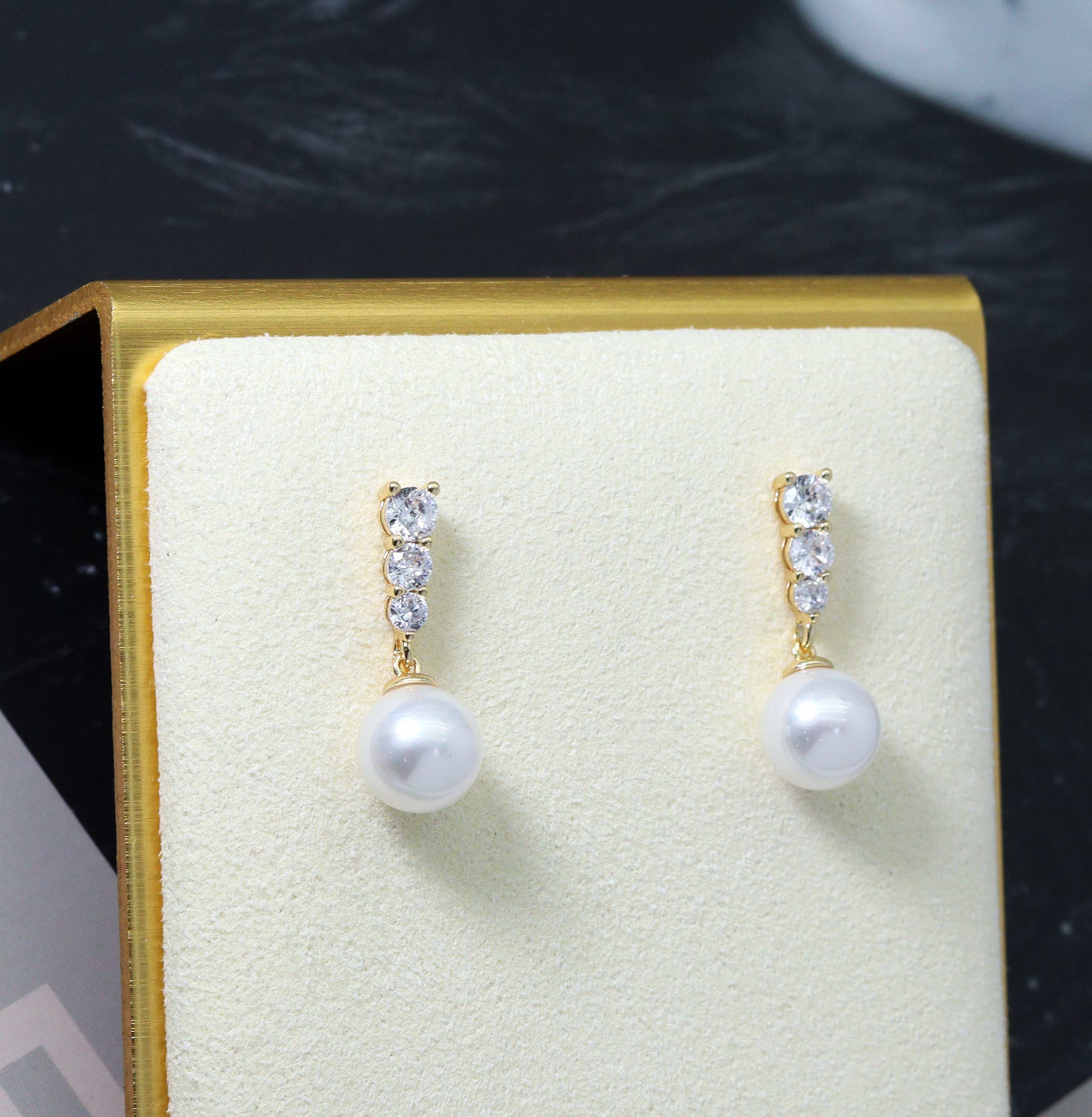 Wholesale Gold CZ Pearl Dangle Earrings, Bridal Jewlery, Sku