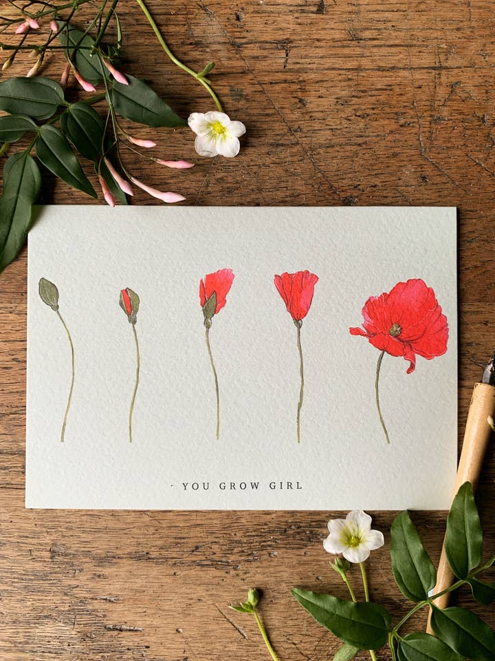 You Grow Girl Floral Poppy Watercolour Greetings Card for wholesale by Georgiou Draws