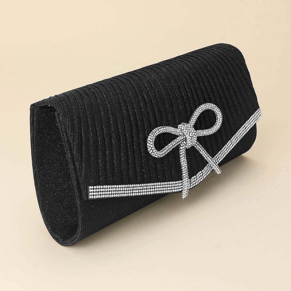 Sensibling Corp. - Wholesale Clutch Bag - Women's - Rhinestone Studded Bow Accent Pleated Evening Crossbody Clutch Bag2