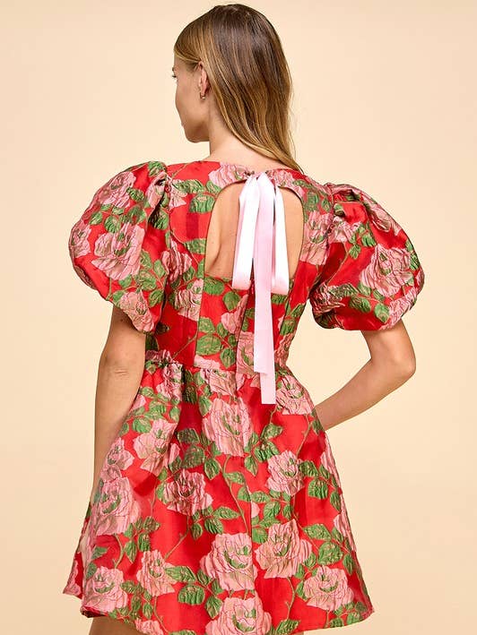 Red CD05082-Floral Print Open Back Balloon Sleeves Dress for wholesale on Faire