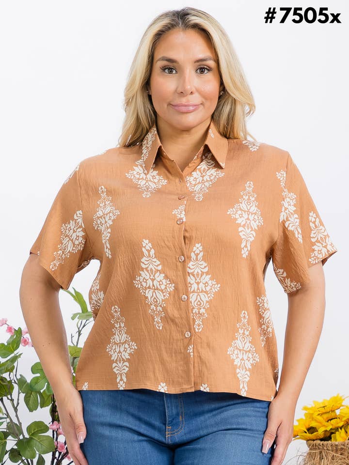 Plus Size Women Graphic Print Linen Shirt for wholesale by Fashion Space