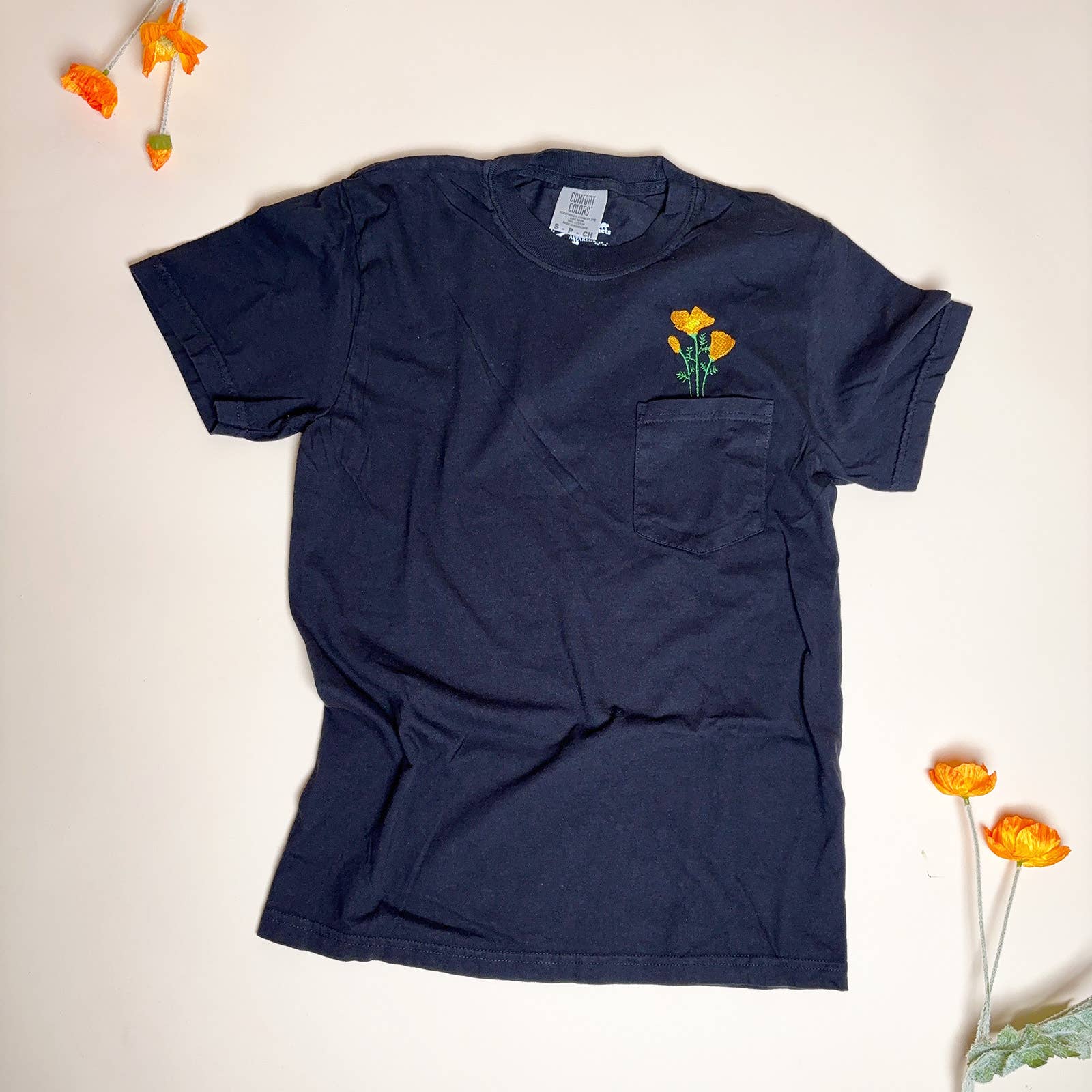 Animal Instincts - Wholesale T-Shirt - Unisex - California Poppy Embroidered Unisex Cotton Pocket Tee2