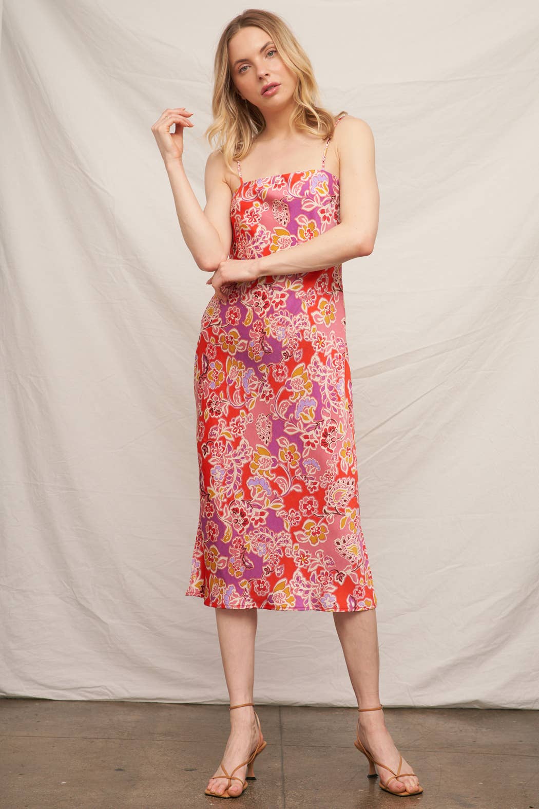 Pink Multi Sleeveless Floral Satin Midi Dress  for wholesale on Faire1