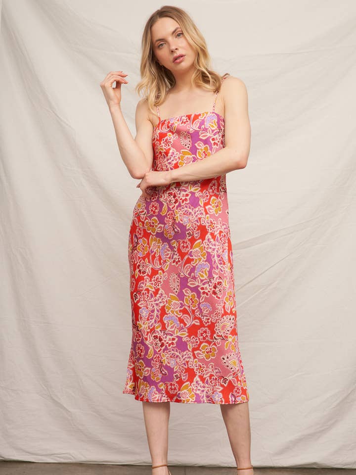 Pink Multi Sleeveless Floral Satin Midi Dress for wholesale on Faire1